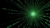 Digital binary code streams radiating from bright green center point creating futuristic cyber tunnel effect on black background for tech designs.