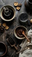 Dark culinary ingredients arranged on marble surface with ceramic bowls, dried mushrooms, black beans, and wooden spoons for gourmet cooking and food styling.