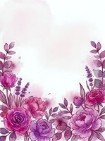 Watercolor floral border with pink and purple roses, peonies, and lavender on white background with copy space for cards.