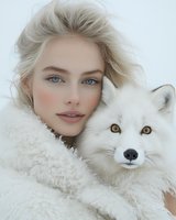 Young blonde woman with blue eyes embracing white arctic fox in winter portrait showing connection between human and wildlife in snowy environment.