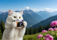 White cat holding vintage camera in mountain landscape with pink flowers and alpine scenery, suitable for travel, photography, and creative projects.
