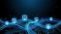 Digital network security concept with glowing blue data streams and cybersecurity icons floating above flowing light waves on dark background.