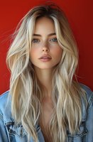 Young woman with long blonde wavy hair and blue eyes wearing denim jacket against red background, natural makeup look and modern casual style for beauty and fashion concepts.