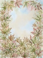 Watercolor botanical frame with hand-drawn maple leaves in autumn tones of pink, green, and gold surrounding a blank center space, ideal for greeting cards and stationery design.