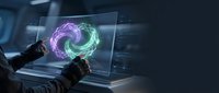 Person in dark gloves manipulating holographic swirl of purple and green energy on transparent digital display screen for futuristic technology and innovation concepts.