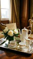 Elegant hotel welcome tray with white gold-rimmed porcelain tea set, fresh white roses, and a personalized greeting card on silver tray.