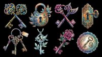 Vintage ornate keys and locks clipart set, isolated on transparent background, ready for stickers, t-shirt design, print on demand, and sublimation projects.