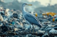 Grey heron standing on garbage dump ground, environmental pollution concept. Bird surrounded by plastic waste and trash at landfill site in soft evening light.