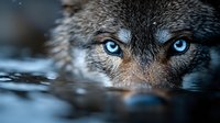 Close up portrait of wild wolf with piercing blue eyes looking directly at camera through water surface, dramatic wildlife photography in natural habitat.