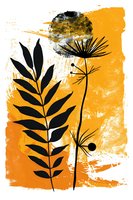 Minimalist botanical art featuring black silhouettes of palm leaves and dandelion stems against vibrant orange watercolor background with grunge texture elements.
