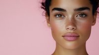 Young mixed race woman with freckles and natural makeup against pink background, close up portrait showing glowing skin and plump lips for beauty and cosmetic advertising.