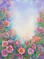 Watercolor floral border with pink and purple blooms, green leaves, and soft pastel background, perfect for greeting cards and invitations.