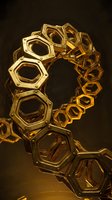 Golden hexagonal geometric shapes arranged in a flowing, interconnected pattern against dark background, creating an abstract number nine form for luxury branding and modern design projects.