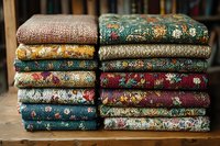 Neatly folded stack of vintage floral pattern textiles and fabrics in muted colors showing different ornamental designs and textures on wooden shelf.