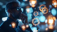 Middle-aged African American businessman in glasses contemplating next to glowing gear icons and data analytics visualization, bokeh light effects in dark office.