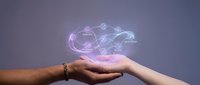 Digital cloud computing network floating above open hands with glowing connectivity icons and data transfer symbols for technology presentations.