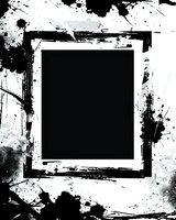 Black square frame with grunge ink splatter border on white background, abstract artistic design for modern layouts and creative projects.
