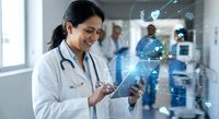 Female Hispanic doctor using digital tablet with holographic medical interface in modern hospital corridor surrounded by healthcare technology innovations.
