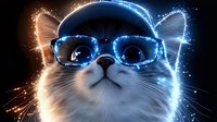 Stylish cat wearing glowing blue glasses and cap against dark background with magical light effects and sparkles, creating futuristic pet portrait.