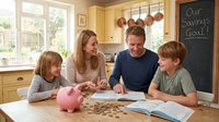 Caucasian family with two children counting coins from pink piggy bank at kitchen table, teaching kids about money management and savings goals.
