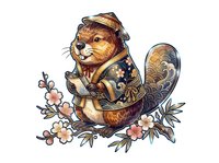Beaver wearing straw hat and work clothes sits in basket surrounded by pink flowers and foliage. Isolated illustration on transparent background suitable for clipart, t-shirt designs, and crafts.