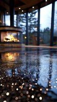 Cozy fireplace reflection on wet surface with bokeh lights and panoramic windows overlooking snowy forest at dusk, creating atmospheric winter ambiance.