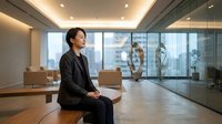 Asian businesswoman in black suit sitting thoughtfully in modern office conference room with glass walls and city view during daytime meeting break.
