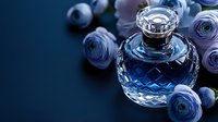 Elegant crystal perfume bottle surrounded by blue roses and berries on dark background for luxury cosmetics and fragrance advertising.