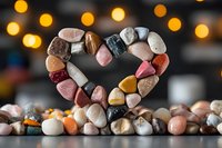 Heart shape made from colorful polished gemstones and crystals on wooden surface with warm bokeh lights background for healing and meditation practices.