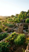 Terraced vegetable garden with stone walls and wooden gate at golden hour, featuring lush green crops and rolling hills in background for agricultural and gardening content.