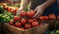 Fresh ripe tomatoes on vine in wooden crate at farmers market. Male hands selecting organic produce. Natural lighting highlights vibrant red color and texture.