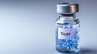 Small glass medical vial filled with blue crystals and labeled Trust against blurred background, conceptual metaphor for building relationships and confidence.