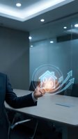 Businessman hand holding glowing house icon with percentage symbol and upward arrow in modern office representing real estate investment growth.