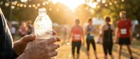 Hand holding water bottle at outdoor marathon race with runners in background during golden hour sunset creating warm bokeh lights atmosphere.