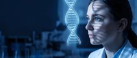 Female scientist examining glowing DNA helix hologram in modern laboratory for genetic research and biotechnology innovation.