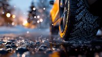 Close-up view of car tire on wet winter road with snow and bokeh lights in background, dramatic atmospheric evening scene showing road safety concept.