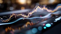Glowing stock market chart with upward trending line and financial data visualization on dark background for trading and investment analysis.