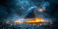 Magical wizard hat with glowing sparkles and golden light effects on dark mystical background with stars and fog, fantasy concept art for book covers.