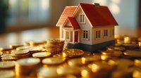 Small model house with red roof placed on golden coins, symbolizing real estate investment, property value, and financial planning in warm lighting atmosphere.