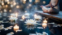Serene meditation scene with floating lotus flowers and candles on dark water, woman practicing yoga in soft bokeh background for wellness concepts.