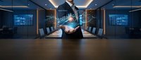 Businessman in formal suit holding glowing digital network sphere in modern conference room with data screens, representing innovation, connectivity, and corporate technology solutions.