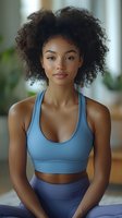 Young woman with curly dark hair and medium skin tone wearing blue athletic sportswear, seated indoors for fitness, wellness, and active lifestyle content.