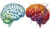 Two human brains showing contrast between calm analytical thinking and creative explosive imagination with colorful artistic elements.