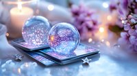 Magical crystal balls with glowing sparkles on tarot cards surrounded by pink cherry blossoms and burning candles creating mystical atmosphere for fortune telling.