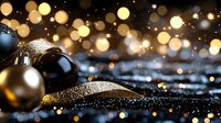 Festive black and gold Christmas ornaments with glitter against dark background with magical bokeh lights creating luxurious holiday atmosphere.