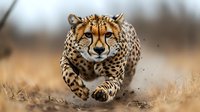 Running cheetah in natural habitat shows powerful predator moving at high speed through dry savanna grass, creating dramatic action wildlife scene.