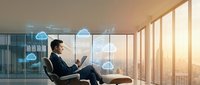 Young businessman using tablet in modern office chair with cloud computing icons overlay, digital transformation and remote work technology concept.