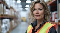Confident female warehouse worker in safety vest with blonde wavy hair smiling at camera. Industrial storage facility background with shelving and inventory.
