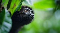 Young black crested macaque close-up portrait showing expressive eyes and face against blurred green jungle foliage background, wildlife photography.