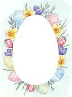 Easter egg frame with spring flowers and tulips on white background for greeting cards and seasonal designs.